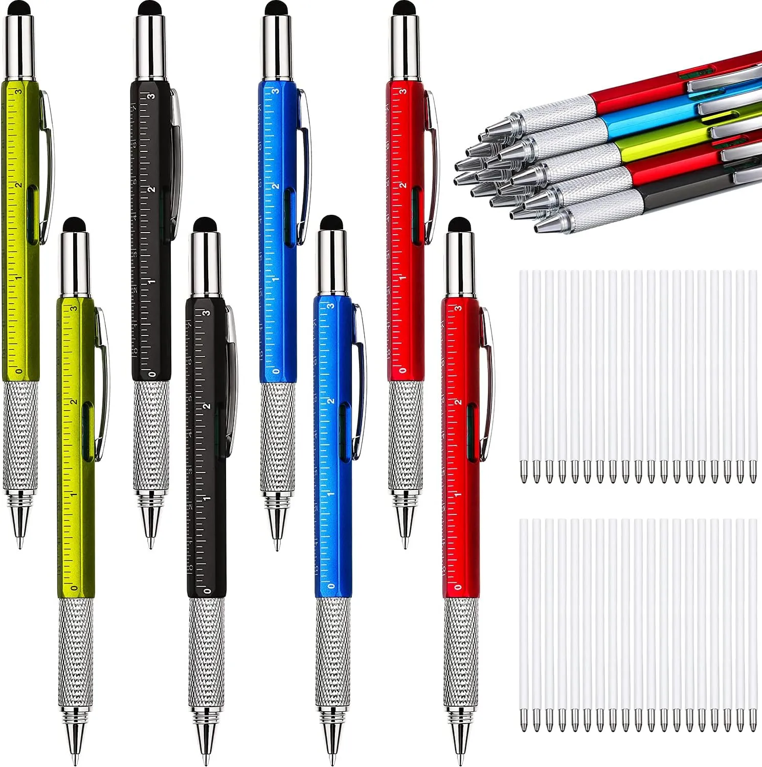 Zonon 32 Pieces Pen for Men with 40 Pen Refills, 6 in 1 Multi Tech Tool Pen Gadget Screwdriver Pen with Ruler, Levelgauge, Ballpoint Pen for Men (Red, Green, Blue, Gray)