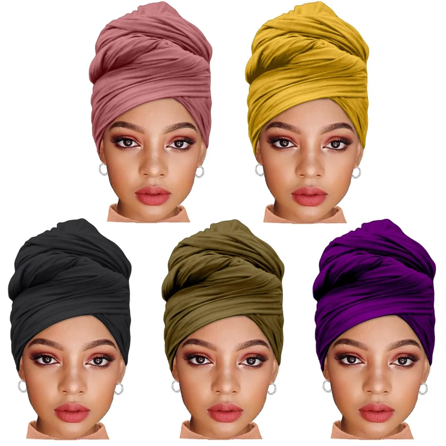 ZRQ 5 Pieces Stretch Jersey Turban Fashion Headband Soft Breathable Long Scarf Lightweight and Comfortable Tie Head Wraps for Black Women (Black, Army Green, Dark Pink, Dark Purple, Turmeric)