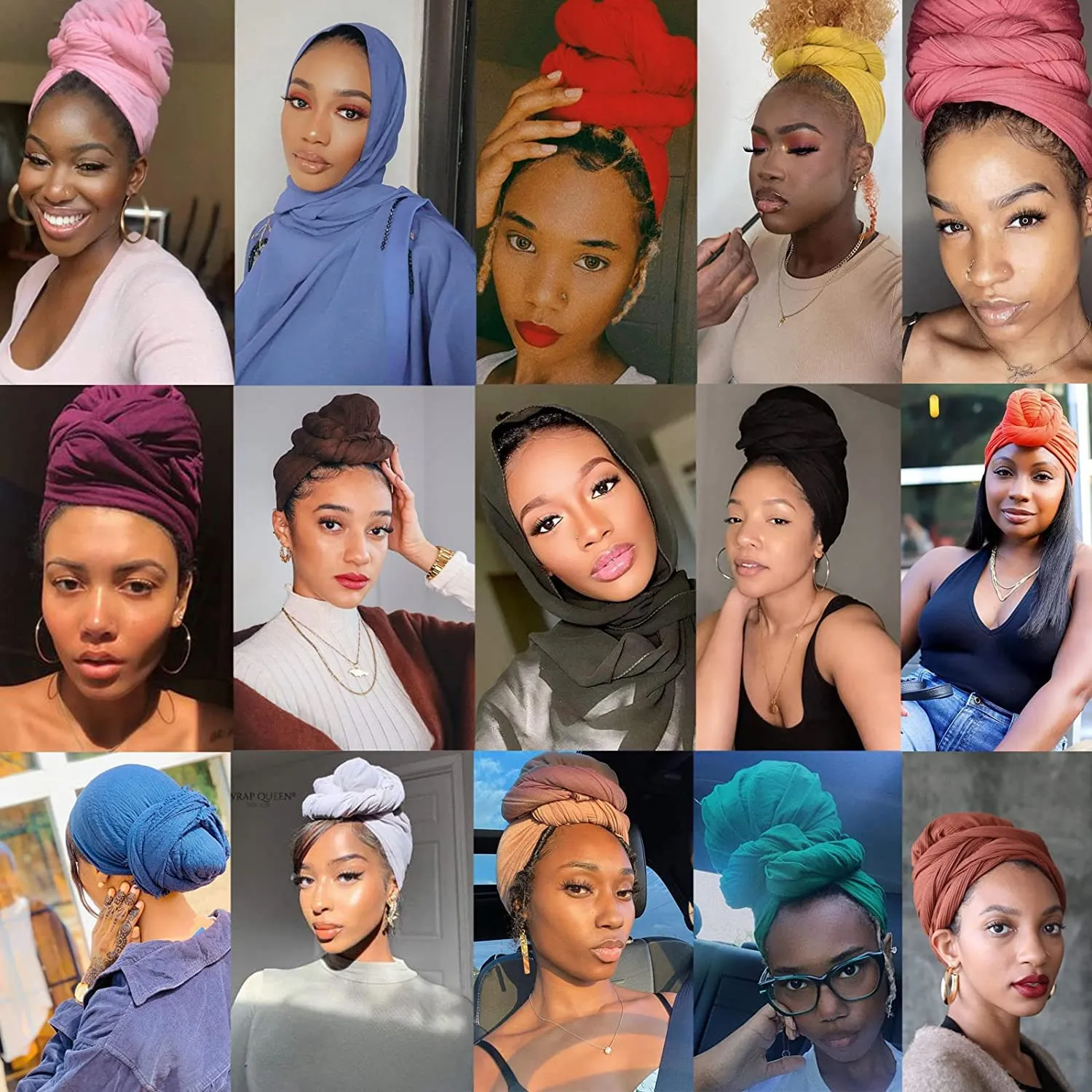 ZRQ 5 Pieces Stretch Jersey Turban Fashion Headband Soft Breathable Long Scarf Lightweight and Comfortable Tie Head Wraps for Black Women (Black, Army Green, Dark Pink, Dark Purple, Turmeric)