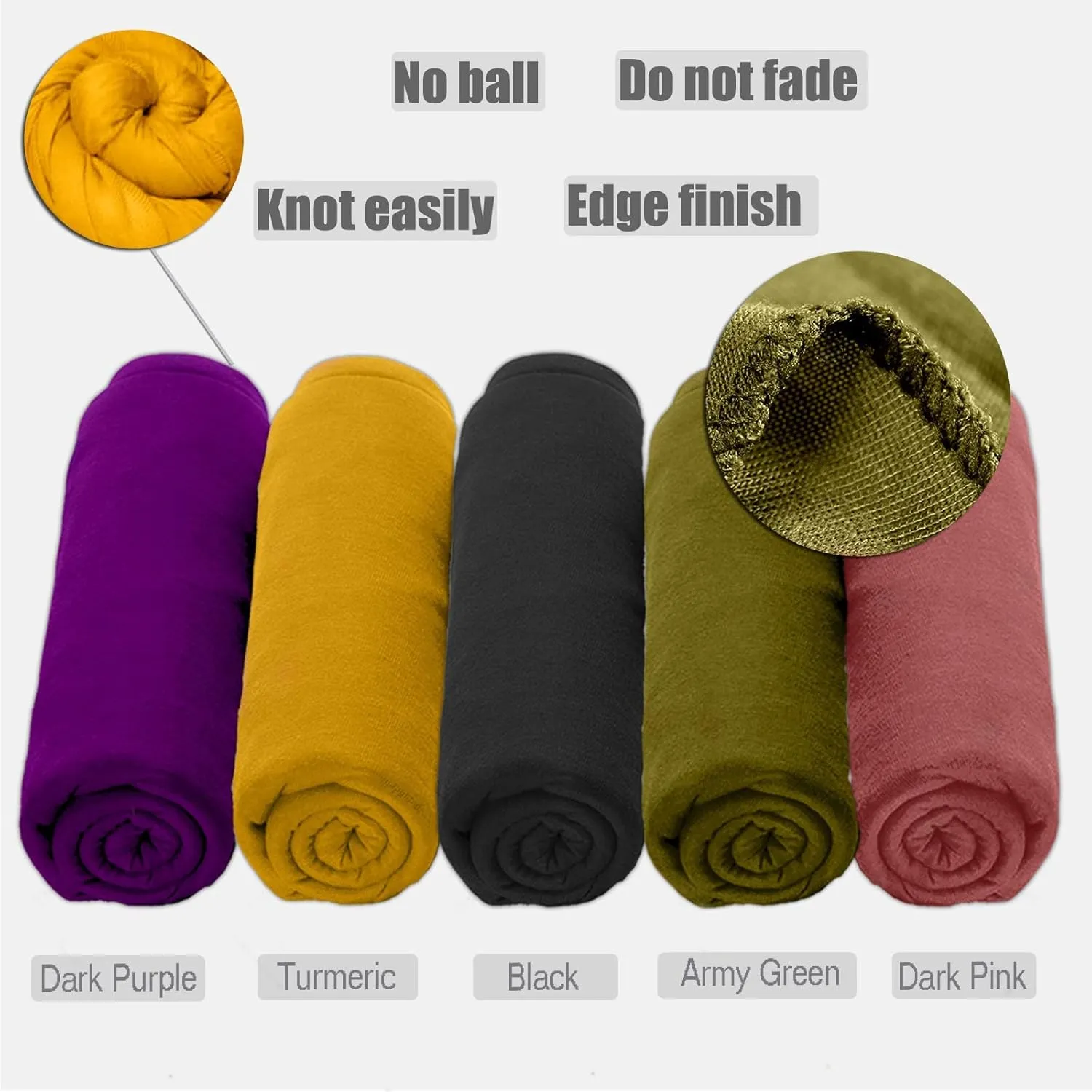 ZRQ 5 Pieces Stretch Jersey Turban Fashion Headband Soft Breathable Long Scarf Lightweight and Comfortable Tie Head Wraps for Black Women (Black, Army Green, Dark Pink, Dark Purple, Turmeric)