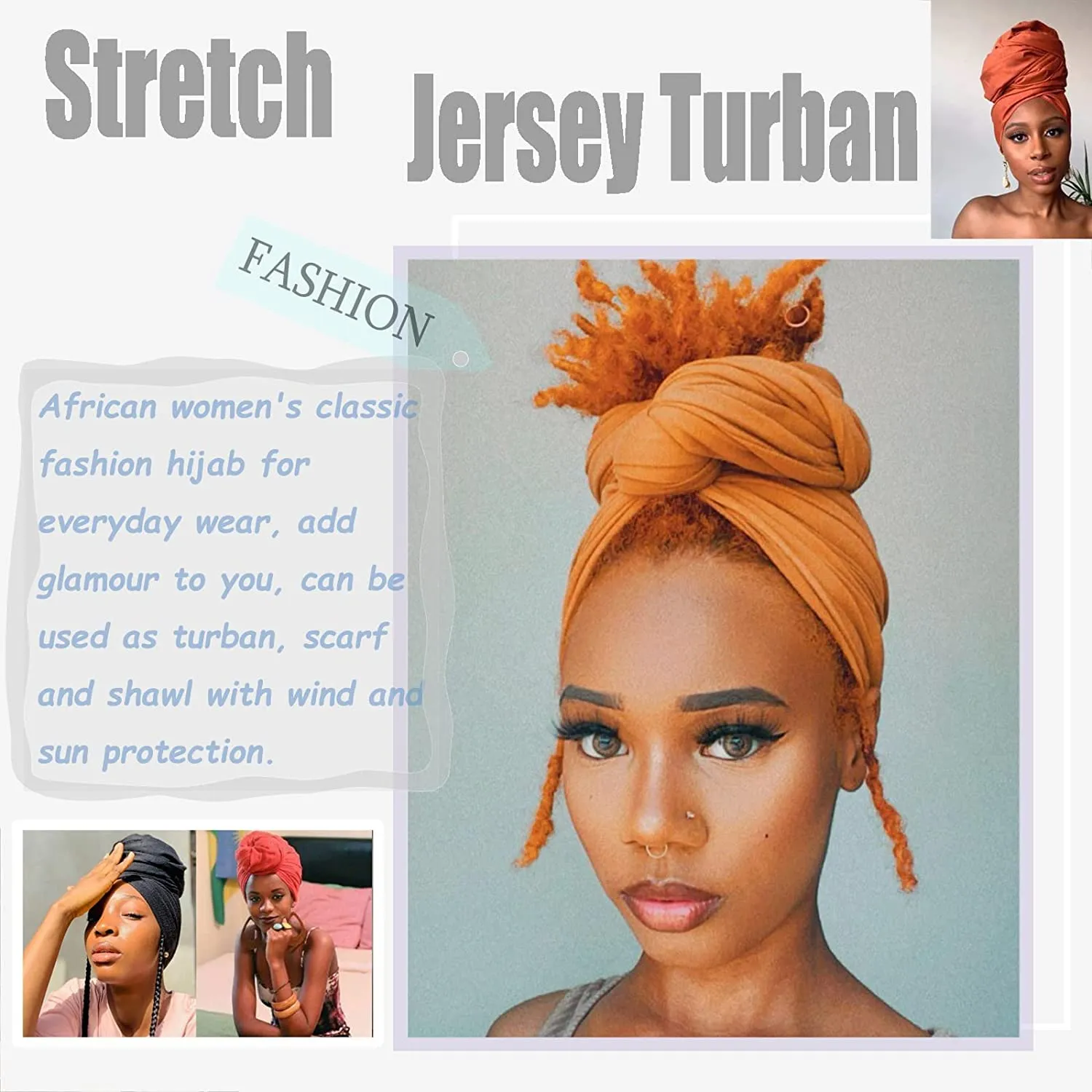 ZRQ 5 Pieces Stretch Jersey Turban Fashion Headband Soft Breathable Long Scarf Lightweight and Comfortable Tie Head Wraps for Black Women (Black, Army Green, Dark Pink, Dark Purple, Turmeric)