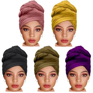 ZRQ 5 Pieces Stretch Jersey Turban Fashion Headband Soft Breathable Long Scarf Lightweight and Comfortable Tie Head Wraps for Black Women (Black, Army Green, Dark Pink, Dark Purple, Turmeric)